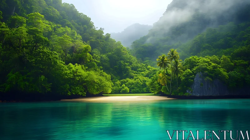 Tropical Lagoon Cove Surrounded by Verdant Limestone Cliffs.