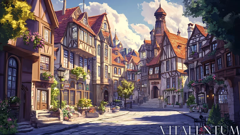 Sunlit half-timbered village street with lush floral articulation.