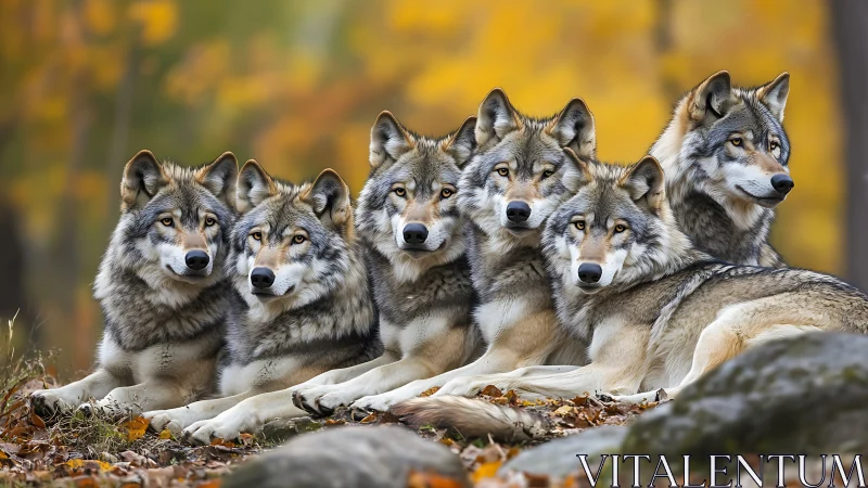 Six gray wolves rest in aligned formation on forest ground