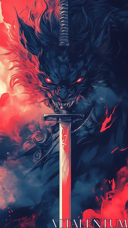 Demon wolf samurai guarding a bloodlit spectral blade.