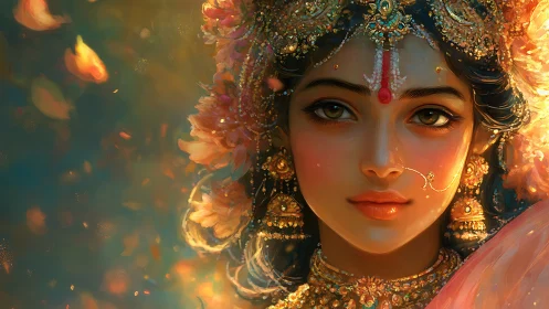 Ornate digital portrait of woman in golden floral adornment.
