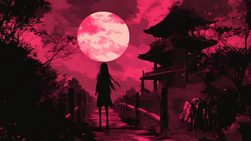 Girl walks toward a crimson moon above a silent temple