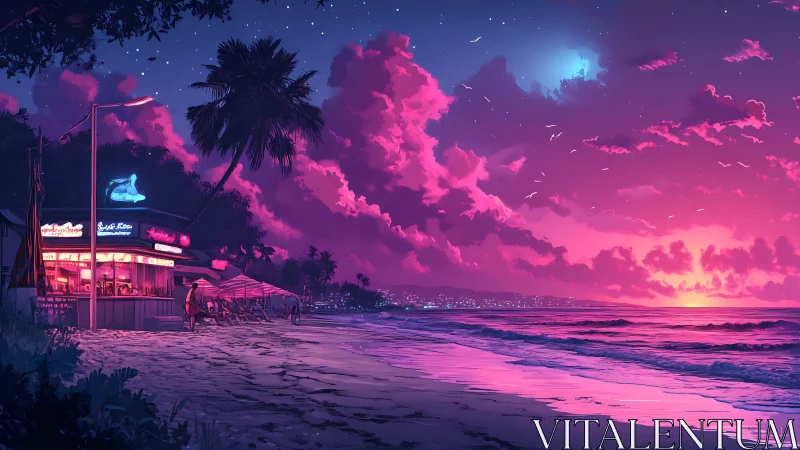 Neon beach café under vivid pink twilight sky.