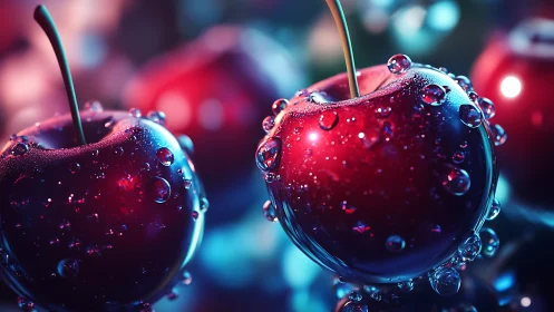 Close-up view of wet cherries under colorful lighting.