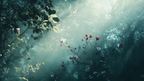 Soft dawn light illuminates red roses inside misty forest