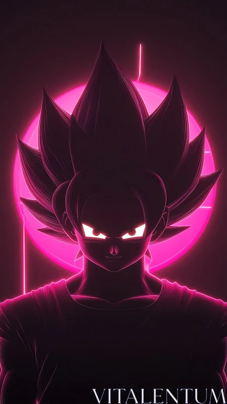 Silhouetted spiky-haired figure before neon pink circle.