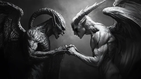 Monochrome demonic duel rendered in hyperreal digital sculpting