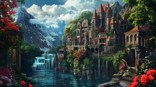 Mountain riverside stone village with tiered waterfalls.