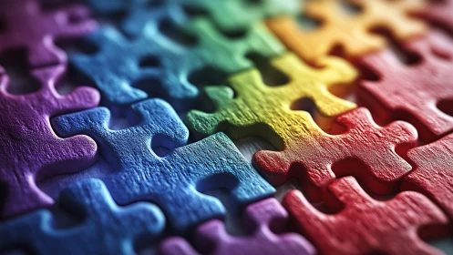 Multicolored interlocking jigsaw puzzle pieces in close view.