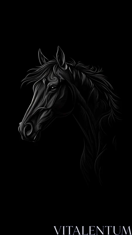 Graceful black horse portrait glowing in soft moonlit lines.