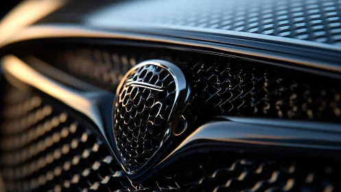 Close-up shows reflective black luxury car grille and badge