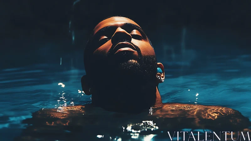 Man relaxed in glowing blue water under dramatic night light.