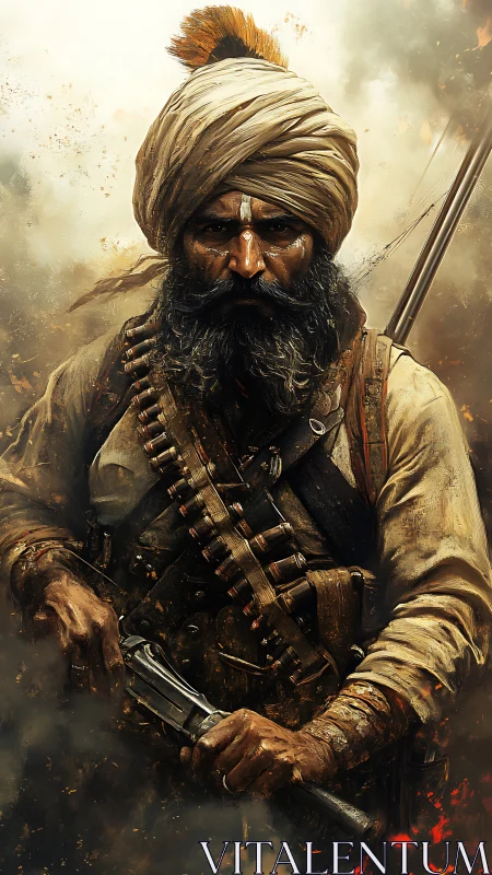 Battle-hardened turbaned rifleman amid ballistic smoke field.