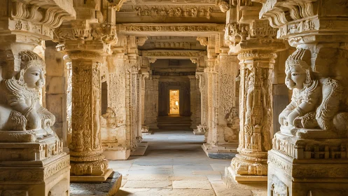 Stone guardians glow in a sunlit corridor of sacred carvings.