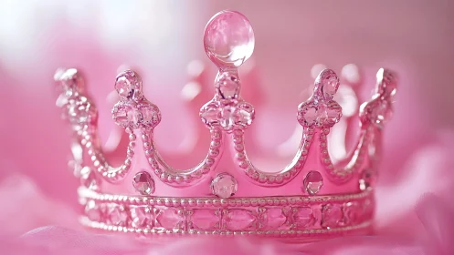 Pink crystal crown sparkles against soft bokeh background.