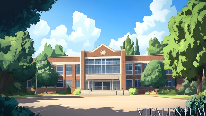 Brick school facade under bright midday sky, framed trees.
