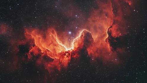 Fiery red nebula glows against a star-filled cosmic void.