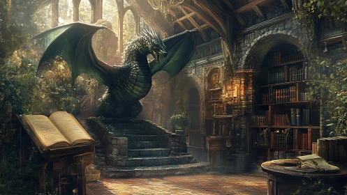Emerald dragon guardian within sunlit arcane library hall.