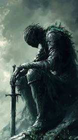 Weathered knight listens to the storm humming in his blade
