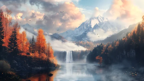 Autumn mountainscape with misty waterfall and glowing lake.