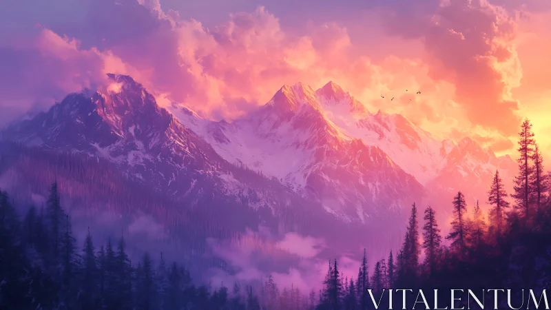 Snowy mountain range under intense pink and orange sky