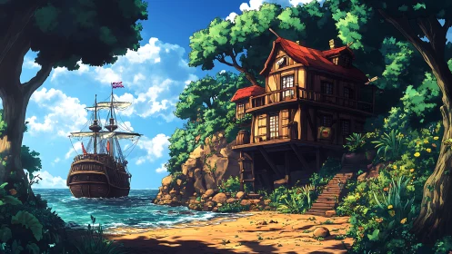 Coastal Treehouse with Docked Pirate Ship Cove Scene