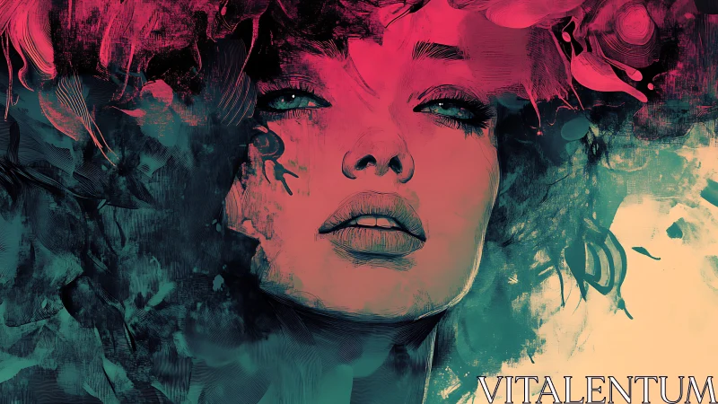 Dreamy painted portrait glowing in teal and rose light.