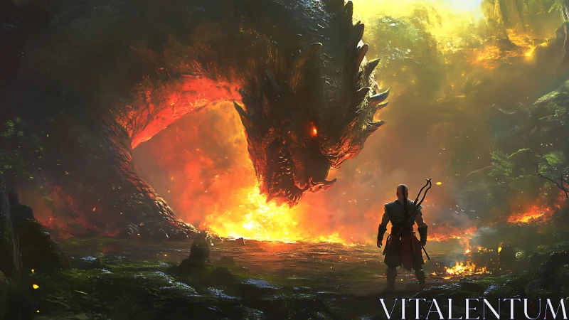 Flame-wreathed dragon bends low as a lone warrior refuses retreat