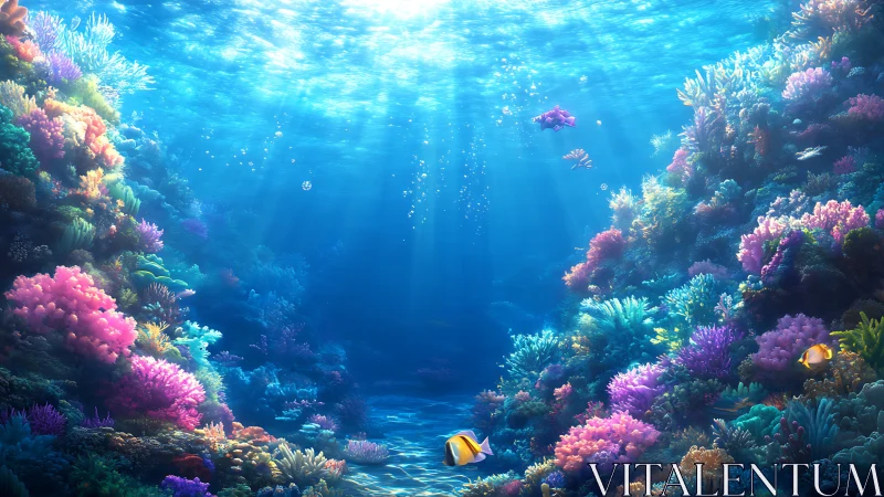 Underwater coral reef landscape with fish in clear light.