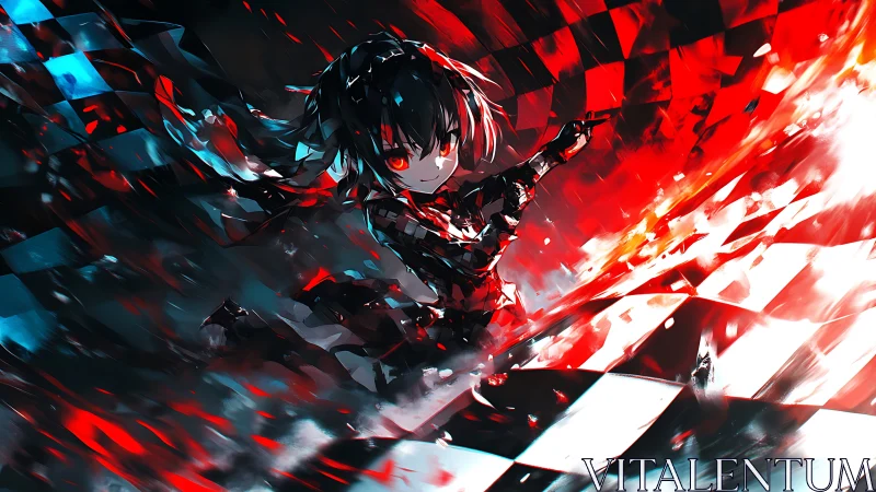 Dark-haired anime figure moves through red and blue vortex