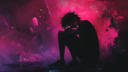 Quiet silhouette resting inside a storm of neon dusk.