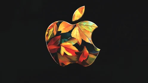 Apple Logo Filled with Autumn Leaves on Dark Background