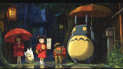Rain-soaked alley scene with stylized characters under umbrellas