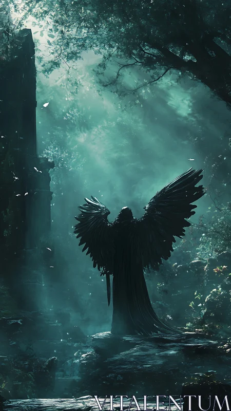 Shadowed angel gathers dawnlight in a mossy forest shrine