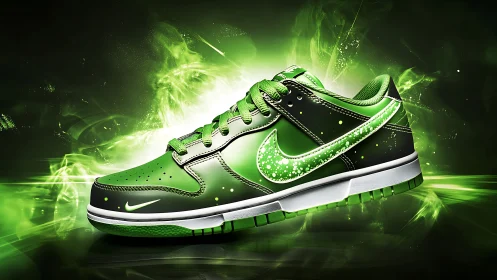 Photorealistic neon green sneaker with dynamic energy backdrop.