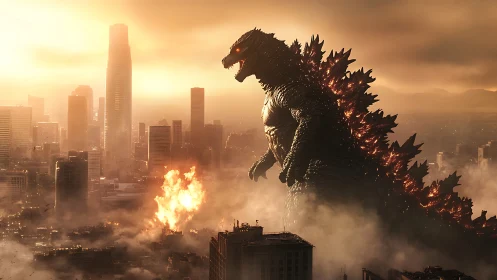 Giant reptilian monster towers over burning modern city skyline