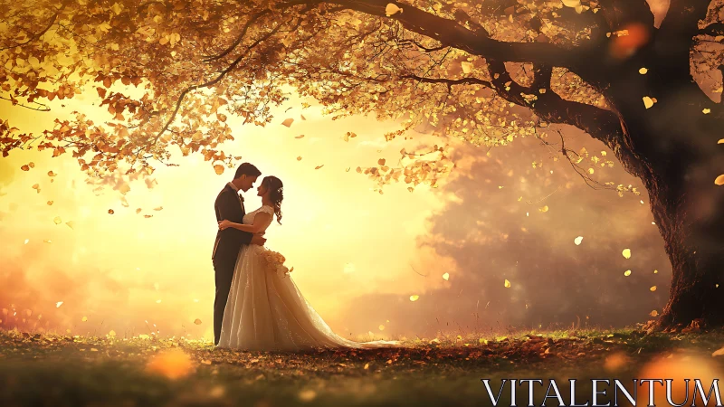 Couple standing beneath tree with falling autumn leaves.