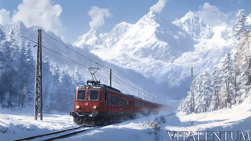 Red mountain train crossing snowy alpine valley in winter