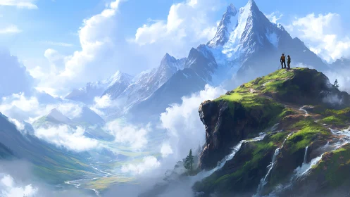 High-altitude hikers on cloud-encircled alpine escarpment.