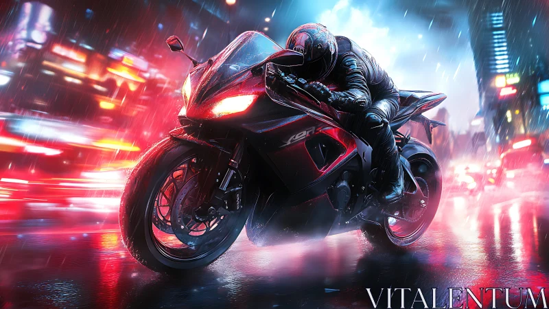 Motorcycle rider in rain on neon lit urban roadway at night.