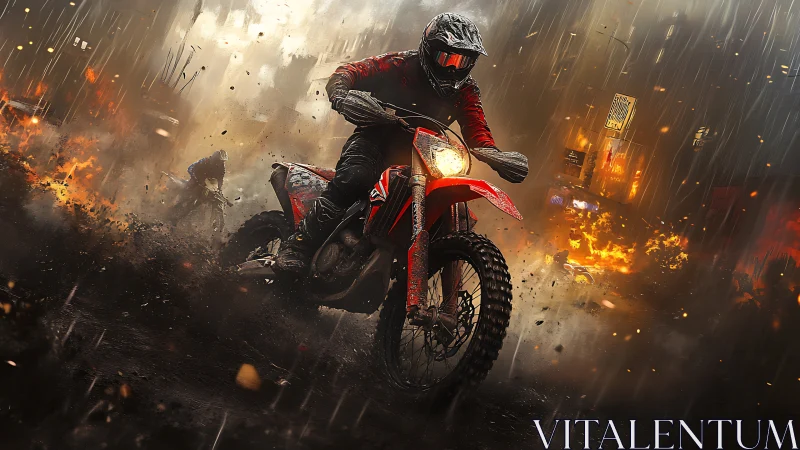 Motorcyclist accelerates through rain-soaked apocalyptic city inferno