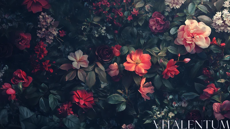Dense Floral Composition: Layered Roses, Peonies with Sophisticated Dark Palette