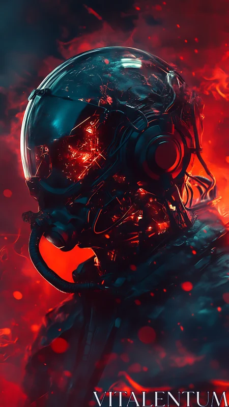 Cybernetic pilot ignites within molten red embers of space.