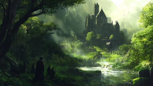 Gothic stone abbey amid dense forest and river valley.