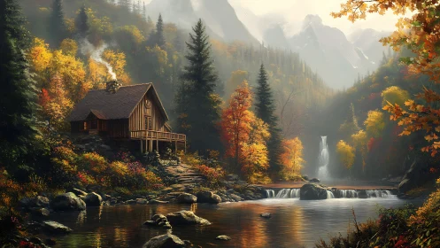 Cozy riverside cabin tucked into glowing autumn mountainscape.