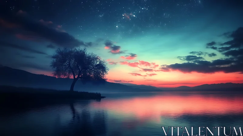Solitary lakeside tree under twilight sky reflection.
