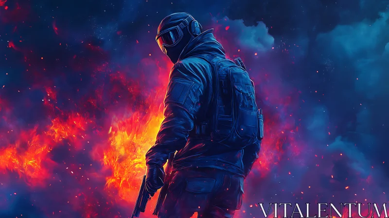 Armored soldier surveys burning battlefield in neon fire.