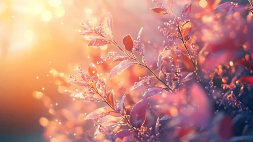 Sunlit dewy foliage in soft orange and purple glow.