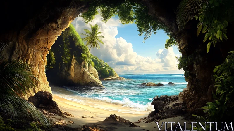 Hidden tropical cove viewed from shaded sea cave opening.