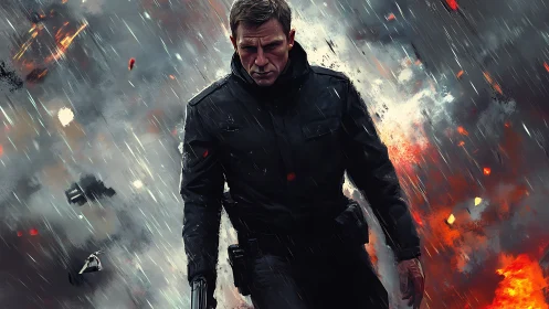 Stormlit agent walking through fire and falling embers.